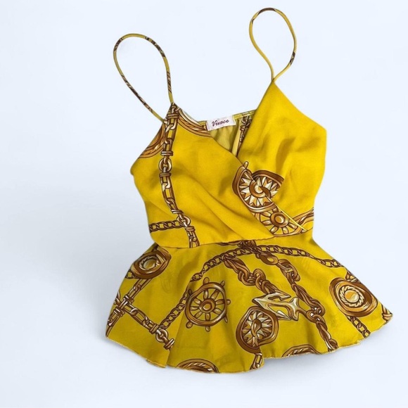 Y2K Yellow Maritime Print Spaghetti Strap Peplum Blouse - Picture 1 of 6